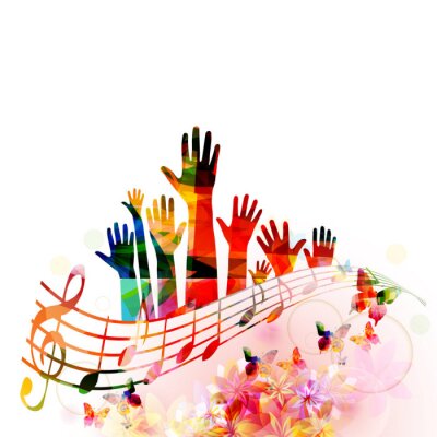 Sticker  Colorful music background with human hands raised and music notes isolated vector illustration design. Artistic music festival poster, live concert events, party flyer, music notes signs and symbols