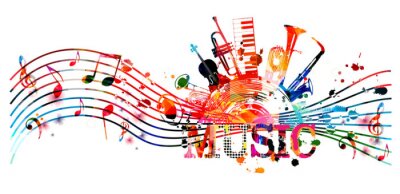 Sticker  Colorful music promotional poster with music instruments and notes isolated vector illustration. Artistic abstract background for live concert events, music show and festival, party flyer design