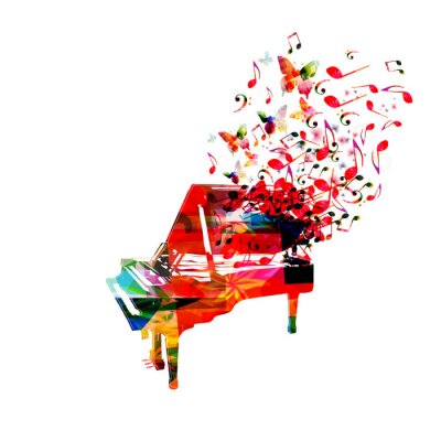 Sticker  Colorful piano with music notes isolated vector illustration design. Music background. Music instrument poster with music notes, festival poster, live concert events, party flyer