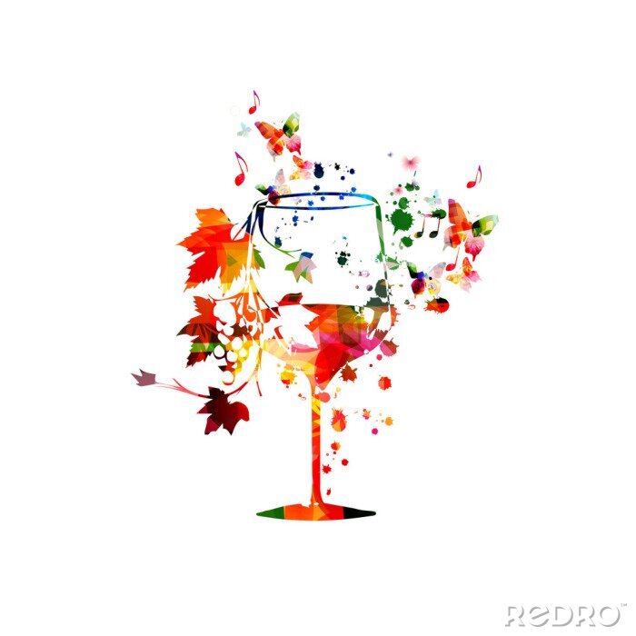 Sticker  Colorful wine glass with vine background vector illustration. Party flyer, wine tasting event, wine festival, celebrations, restaurant poster design for brochure, invitation card, menu, promotion