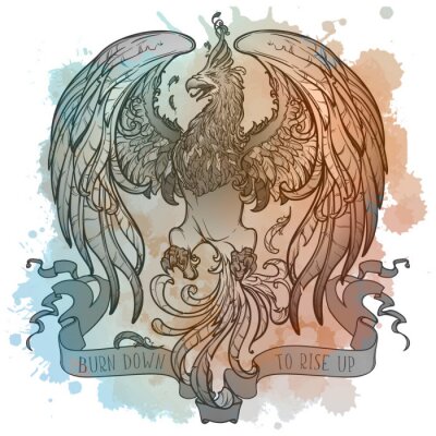 Sticker  Colourfull and intricate drawing of the legendary Phoenix bird with a motivation motto. Linear drawing on watercolor grunge textured background. Vintage logo. EPS10 vector illustration