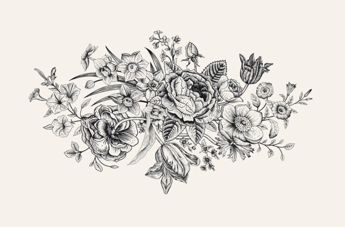 Sticker  Composition de tulipes et de fleurs en noir et blanc