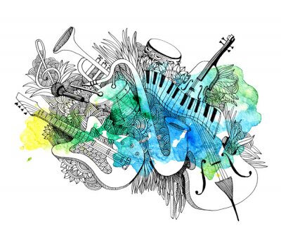Sticker  Composition of musical instruments with a splash of colors