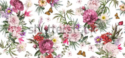 Sticker  Composition romantique avec fleurs et papillons