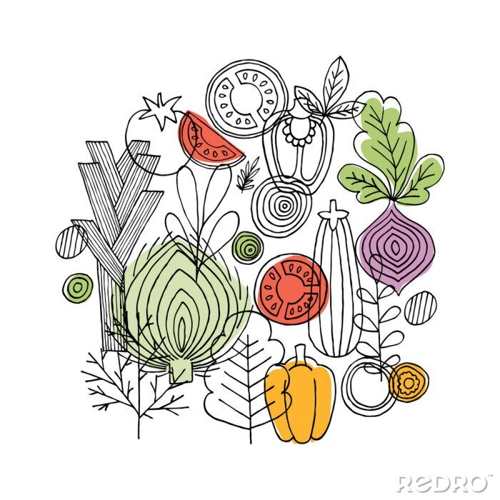 Sticker  Composition ronde de légumes. Graphique linéaire. Fond de légumes. Style scandinave. La nourriture saine. Illustration vectorielle