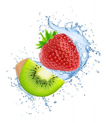 Sticker  Composition with kiwi and strawberry in water splashes isolated on white background.