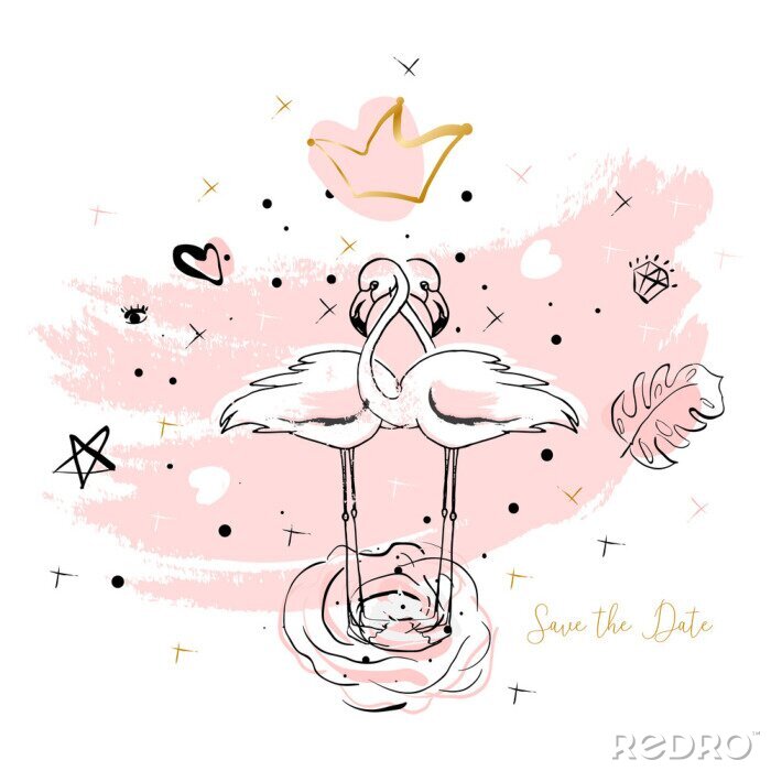 Sticker  Conception d'illustration flamingo tropical dessinés à la main en rose pastel avec des éléments de décoration tendance hipster. Impression moderne pour mariage, invitations, carte de voeux, en-tête, S