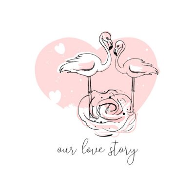 Sticker  Conception d'illustration flamingo tropical dessinés à la main en rose pastel avec des éléments de décoration tendance hipster. Impression moderne pour mariage, invitations, carte de voeux, en-tête, S