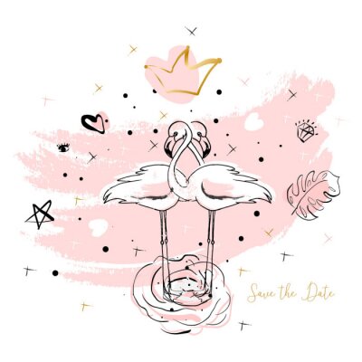 Sticker  Conception d'illustration flamingo tropical dessinés à la main en rose pastel avec des éléments de décoration tendance hipster. Impression moderne pour mariage, invitations, carte de voeux, en-tête, S