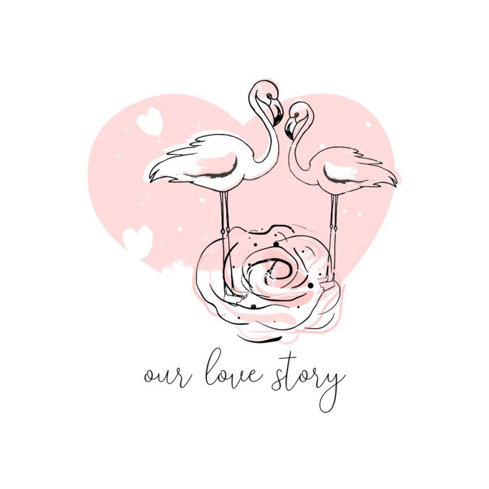 Sticker  Conception d'illustration flamingo tropical dessinés à la main en rose pastel avec des éléments de décoration tendance hipster. Impression moderne pour mariage, invitations, carte de voeux, en-tête, S