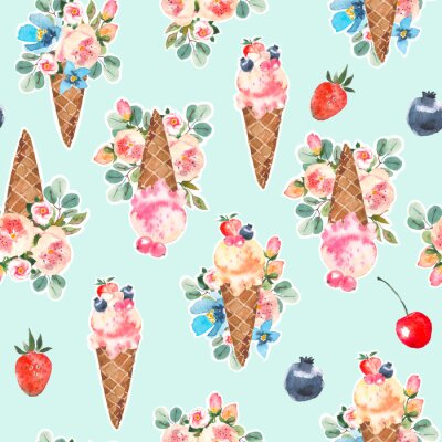 Sticker  Cônes de glace aquarelle et roses en fleurs, eucaliptus, modèle sans couture de bouquet de fleurs