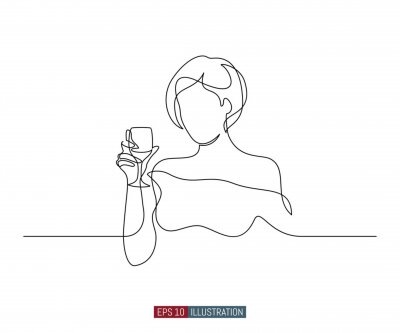 Sticker  Continuous line drawing of pretty girl with wine glass. Template for your design works. Vector illustration.