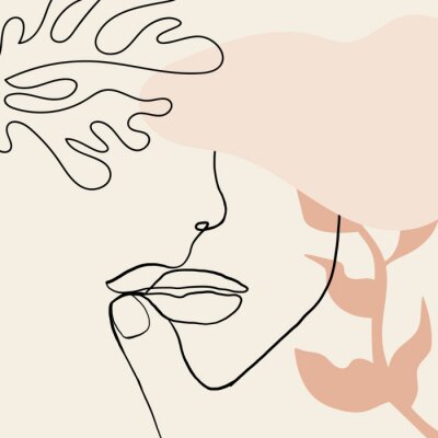 Continuous line, drawing of woman face, fashion concept, woman beauty minimalist with geometric doodle Abstract floral elements pastel colors. One line continuous drawing. vector illustration