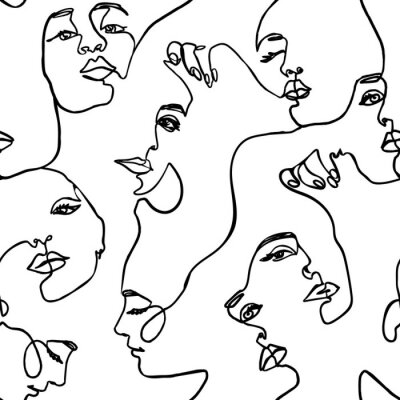 Papier peint à motif  Continuous line face women seamless pattern - Vector Endless Background Fashion Female Portrait one line