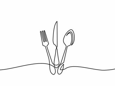Sticker  Continuous one line drawing.Forks, spoons, knife plates and all eating and cooking utensils, can be used for restaurant logos, cakes, business cards, banners and others. Black and white vector illustr