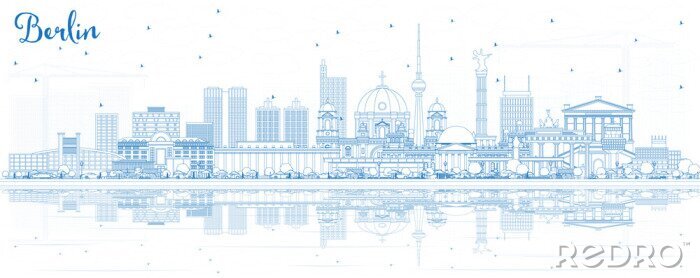 Sticker  Contour Berlin City Skyline avec bâtiments bleus et réflexions.
