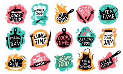 Sticker  Cooking food lettering. Kitchen badge logos, baking foods typography and cook labels vector set