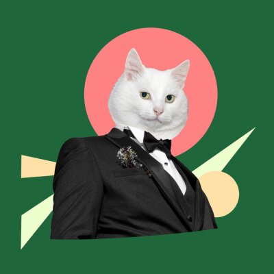 Sticker  Costume and a black tie with a white cat head. Digital collage modern art.