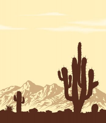 Coucher de soleil dans le désert de pierre sans vie avec des cactus. Paysage vectoriel.
