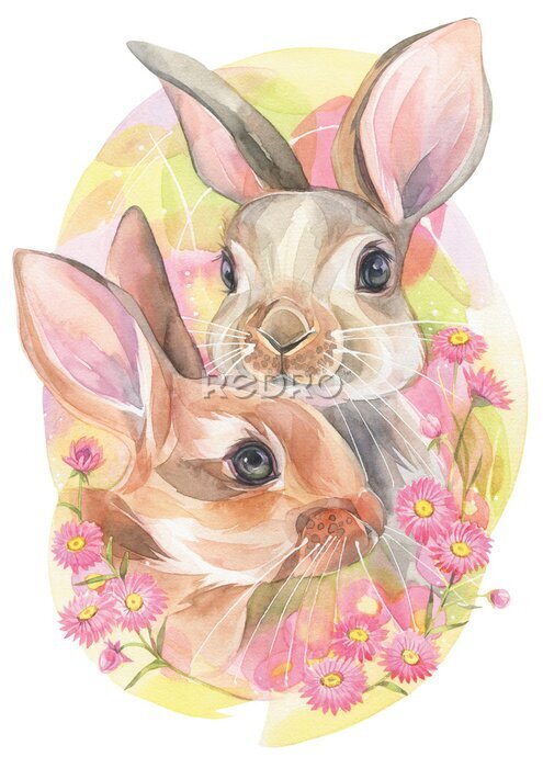 Sticker  Couple de lapins au milieu de fleurs roses version aquarelle