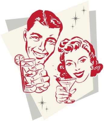 Sticker  Couple souriant des années 1950 soulevant un toast avec des lunettes de cocktail