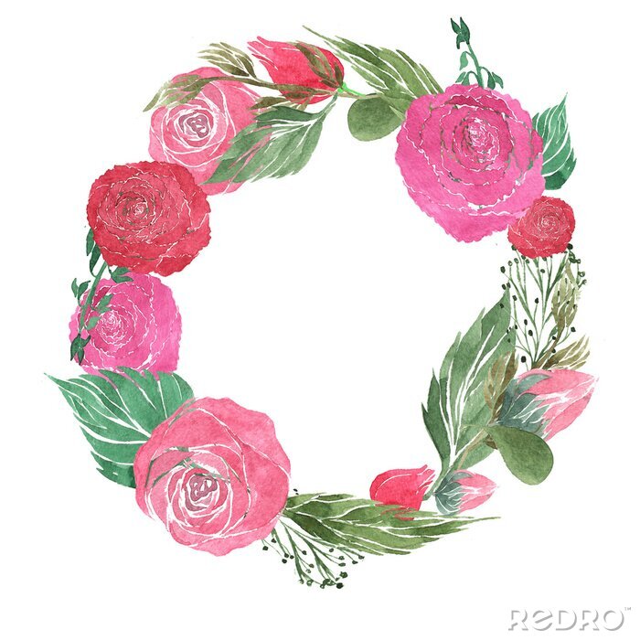 Sticker  Couronne composée de roses, pivoines, bourgeons, feuilles, pétales, main