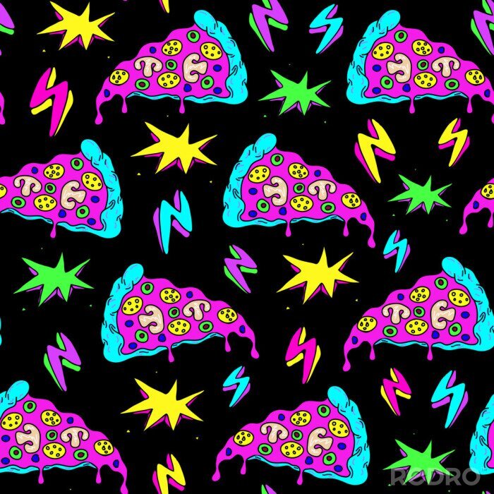 Sticker  Crazy space alien pizza attack seamless pattern with pizza slices, lightning strikes, and colorful explosions. Black background.