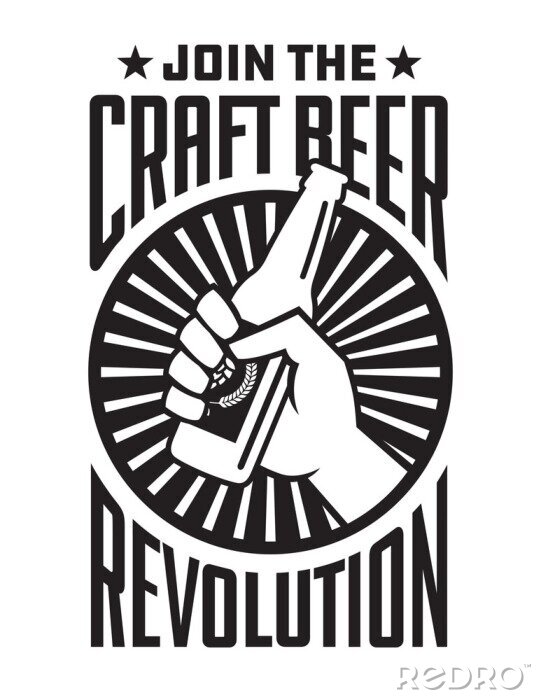Sticker  Création d'insigne ou d'étiquette vectorielle Craft Beer Revolution. Poing tenant une bouteille de bière artisanale dans la conception de bannière logo rétro.