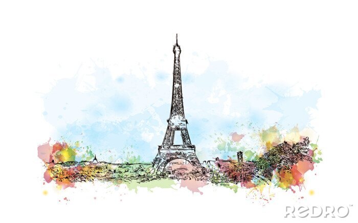 Sticker  Croquis d'aquarelle de la Tour Eiffel Paris France en illustration vectorielle.