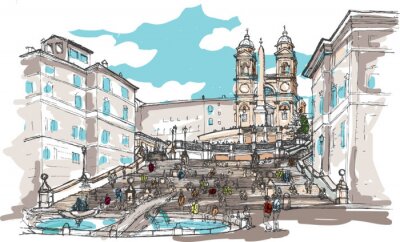 Sticker  Croquis d'aquarelle de Place d'Espagne, Rome, Italie