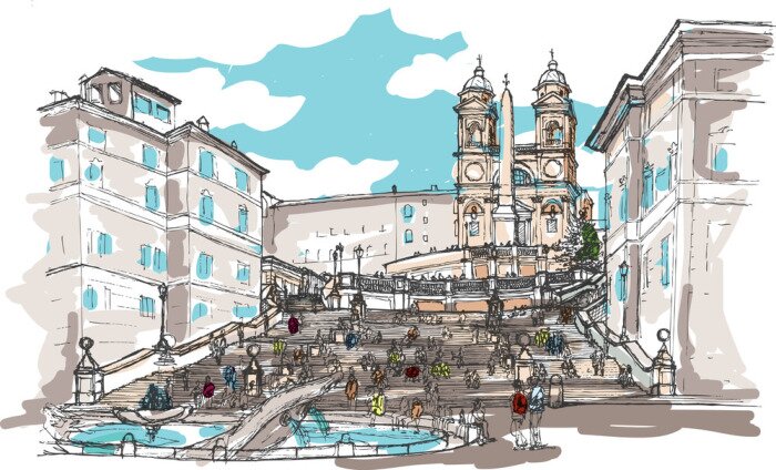 Sticker  Croquis d'aquarelle de Place d'Espagne, Rome, Italie