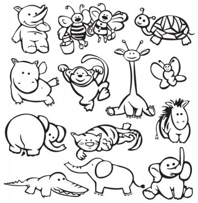 Sticker  Croquis d'enfants en noir et blanc de divers animaux