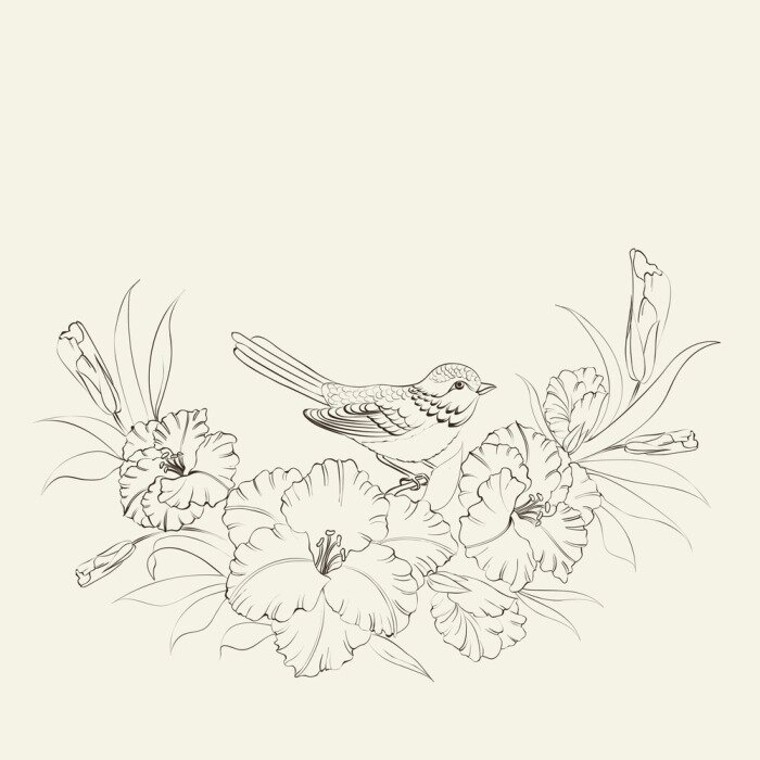 Sticker  Croquis d'un oiseau sur une branche