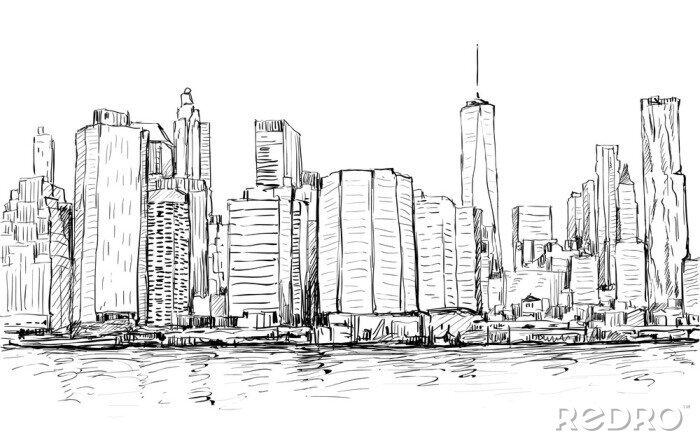 Sticker  Croquis de Cityscape à New York spectacle Manhattan Midtown à gratte-ciel