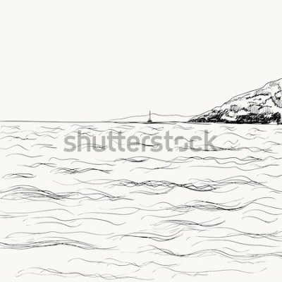 Sticker  Croquis de paysage marin été vecteur. Vue mer et montagne