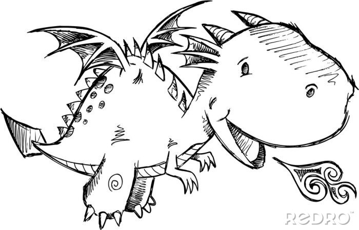 Sticker  Croquis noir et blanc de dragon cracheur de feu