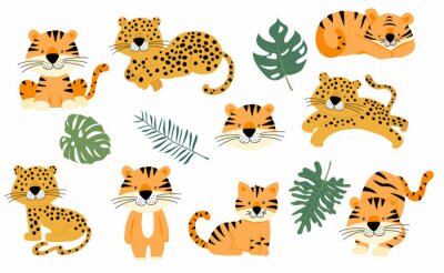 Sticker  Cute animal object collection with leopard,tiger. illustration for icon,logo,sticker,printable