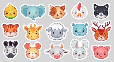 Sticker  Cute animal stickers. Smiling adorable animals faces, kawaii sheep and funny chicken cartoon vector illustration set