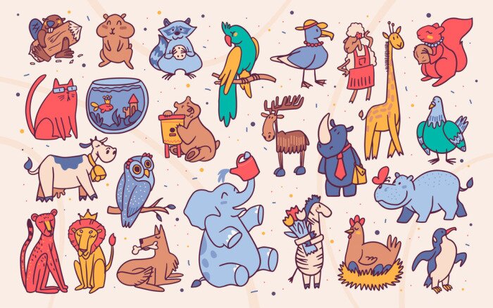 Sticker  Cute animals cartoon illustrations set