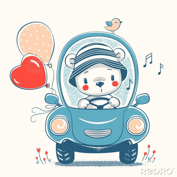 Sticker  Cute baby bear driving car cartoon hand drawn vector illustration. Can be used for baby t-shirt print, fashion print design, kids wear, baby shower celebration greeting and invitation card.