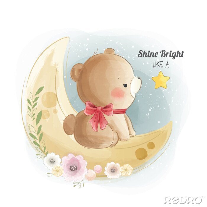 Sticker  Cute Baby Bear On the Moon