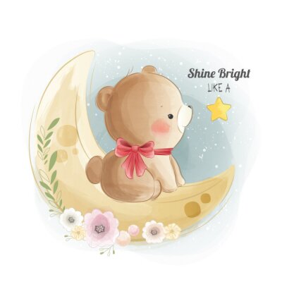 Sticker  Cute Baby Bear On the Moon