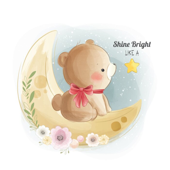 Sticker  Cute Baby Bear On the Moon