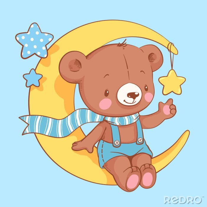 Sticker  Cute baby bear sitting on the moon cartoon hand drawn vector illustration. Can be used for baby t-shirt print, fashion print design, kids wear, baby shower celebration greeting and invitation card.