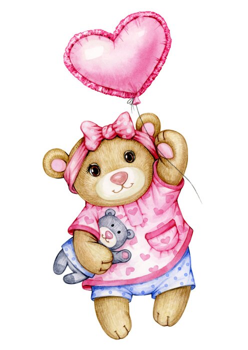 Sticker   Cute  baby  Teddy bear cartoon with balloon, isolated on white.