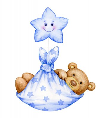  Cute  baby  Teddy bear cartoon  with star, isolated on white.