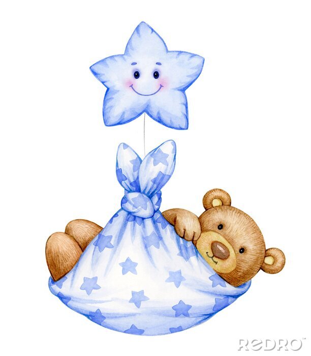 Sticker   Cute  baby  Teddy bear cartoon  with star, isolated on white.