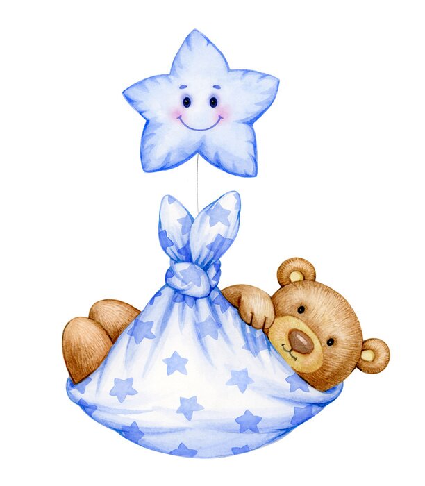 Sticker   Cute  baby  Teddy bear cartoon  with star, isolated on white.