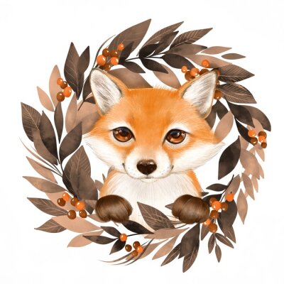 Cute cartoon fox with autumn wreath isolated on white