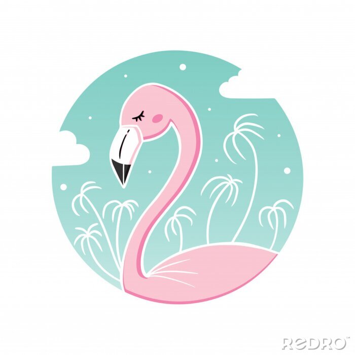 Sticker  Cute cartoon vector illustration of pink tropical flamingo on turquoise background with palm trees and clouds.